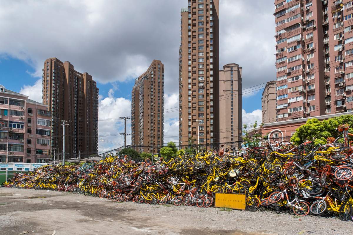 SHANGHAI, CHINA – A view of the rental bikes detained by the local urban administration authority of Jing’an district on Aug. 23, 2017, in Shanghai, China. (Feature China/Barcroft Images/Barcroft Media via Getty Images)