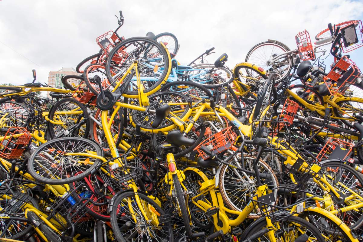 SHANGHAI, CHINA – A view of the rental bikes detained by the local urban administration authority of Jing’an district on Aug. 23, 2017, in Shanghai, China. (Feature China/Barcroft Images/Barcroft Media via Getty Images)