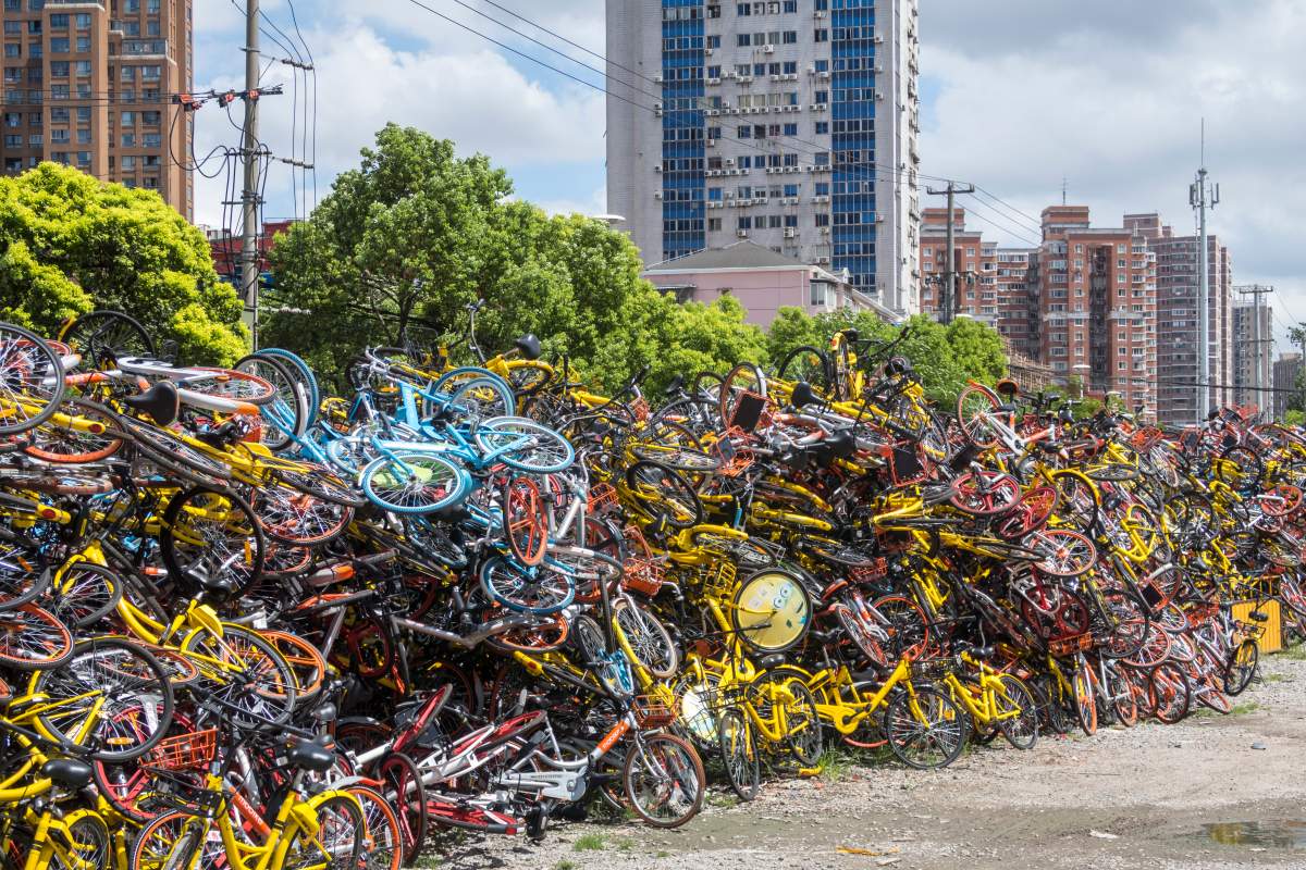 SHANGHAI, CHINA – A view of the rental bikes detained by the local urban administration authority of Jing’an district on Aug. 23, 2017, in Shanghai, China. (Feature China/Barcroft Images/Barcroft Media via Getty Images)