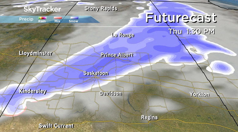 Heavier snow slides back into the Saskatoon area on Thursday.
