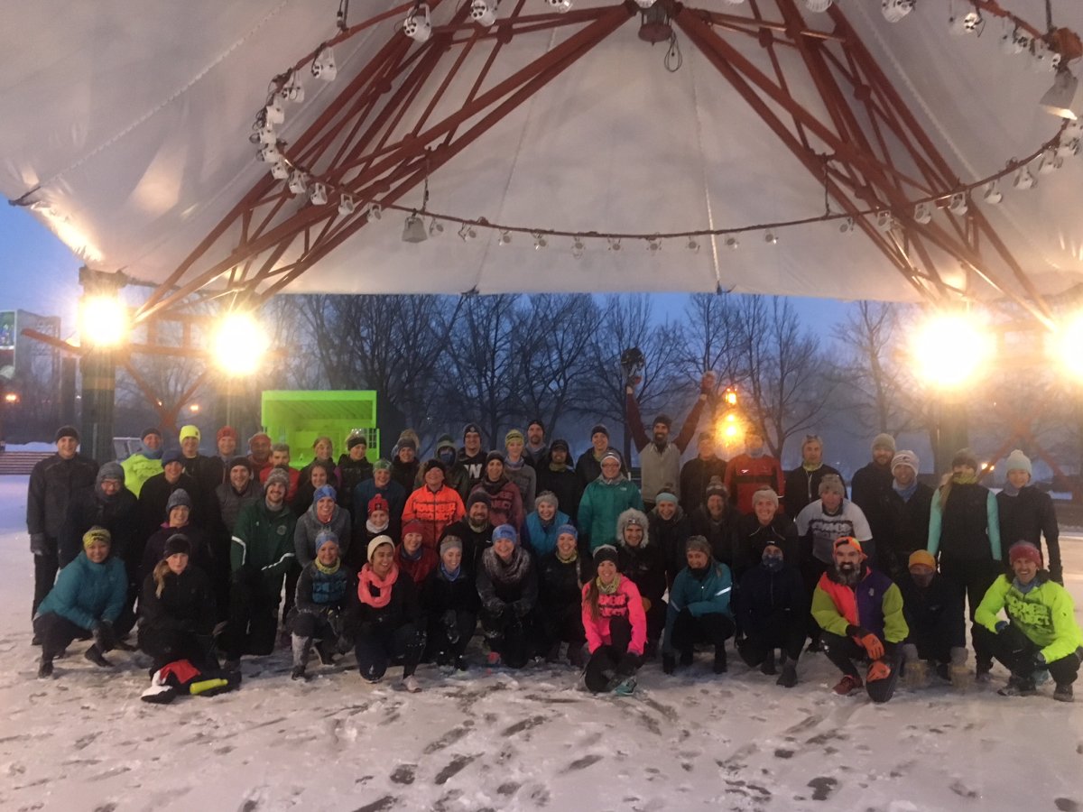Some 60 people showed up in blowing snow Wednesday for a 6:05 a.m. November Project work-out at the Forks.
