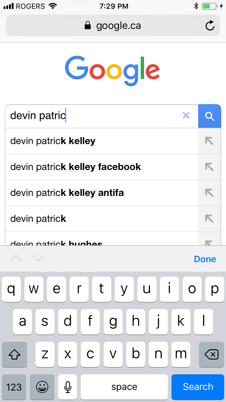 Screenshot of suggested Google searches for the name “Devin Patrick Kelley” on Nov. 6, 2017.