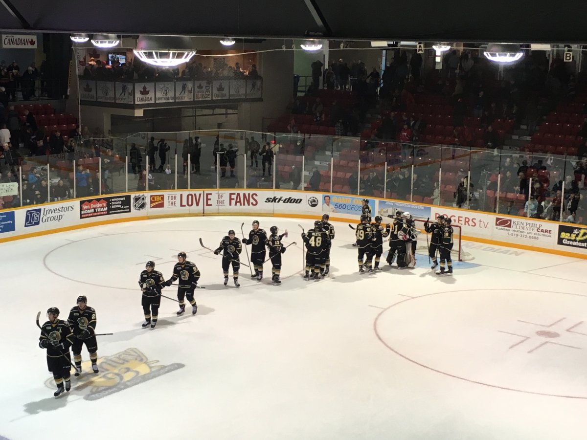 The London Knights celebrate after a 4-1 victory in Owen Sound on Saturday, Nov. 4.