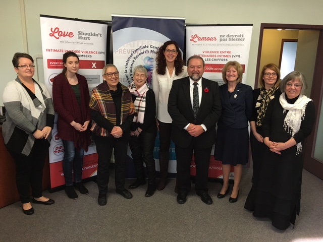 New Brunswick Justice and Public Safety Minister Denis Landry meets with researchers from the Muriel McQueen Centre for Family Violence to announce next steps in protecting victims of intimate partner violence.