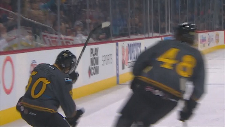 Manitoba Moose forward Jack Roslovic celebrates his second period goal against the Chicago Wolves. 