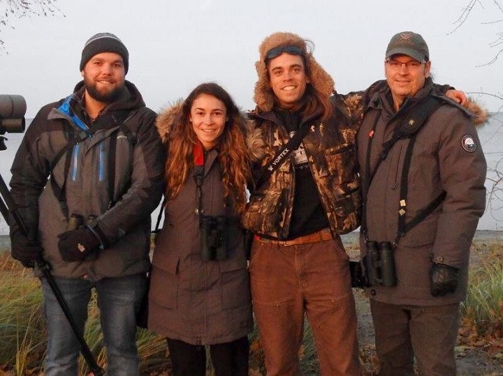 Jeremy Bensette, second from the right, has travelled more than 90,000 kilometres across Ontario since Jan. 1 and set a new provincial birding record.