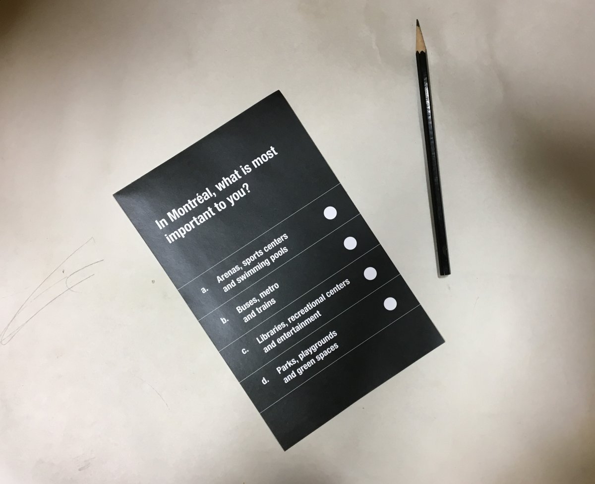 A child's ballot at a voting booth at a Montreal polling station, on Sunday November 5, 2017. Kids were allowed to participate for the first time in a Montreal election, voting for city services they think are most important. 