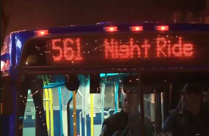 A file photo of a city bus in Edmonton at night.
