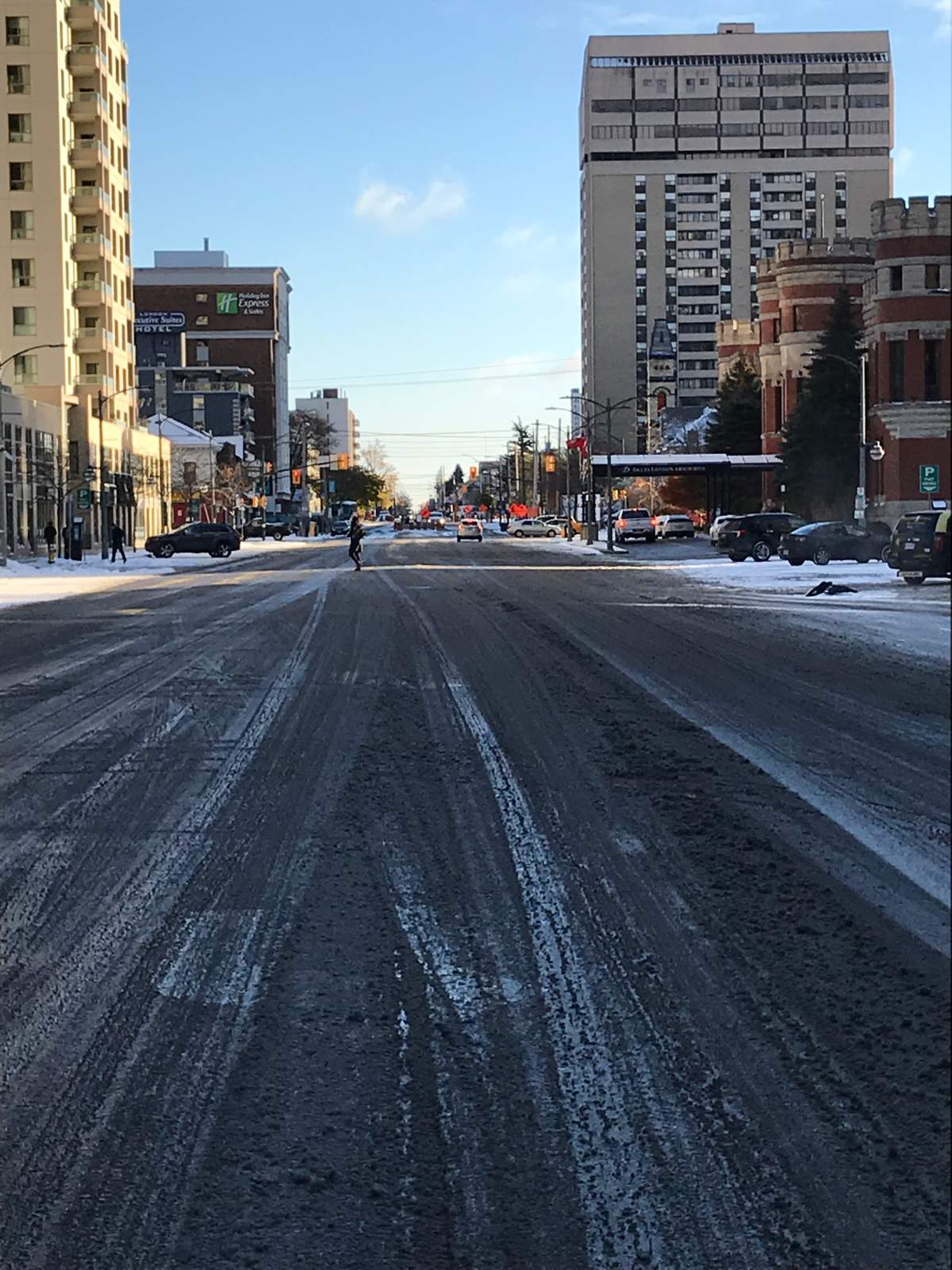 Dundas Street, London, ON, looking east following first snowfall Nov. 10, 2017.
