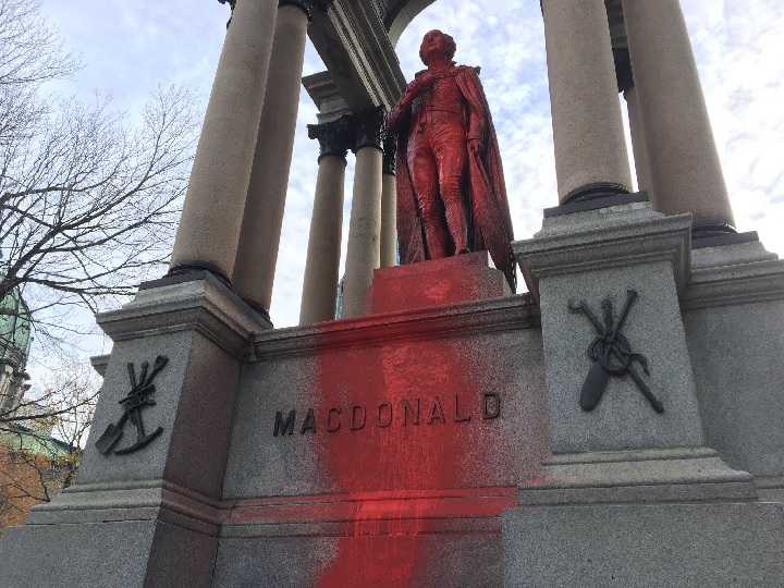 A statue of Sir John A. Macdonald was spray-painted red during a protest in Montreal on Nov. 12, 2017.