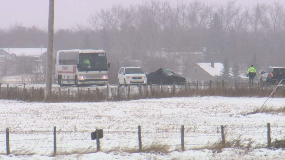 A bus and a car collided on Manning Drive/Highway 15 near 17 Street, leaving a woman injured and her nine-year-old child in critical condition. Wednesday, November 1, 2017.