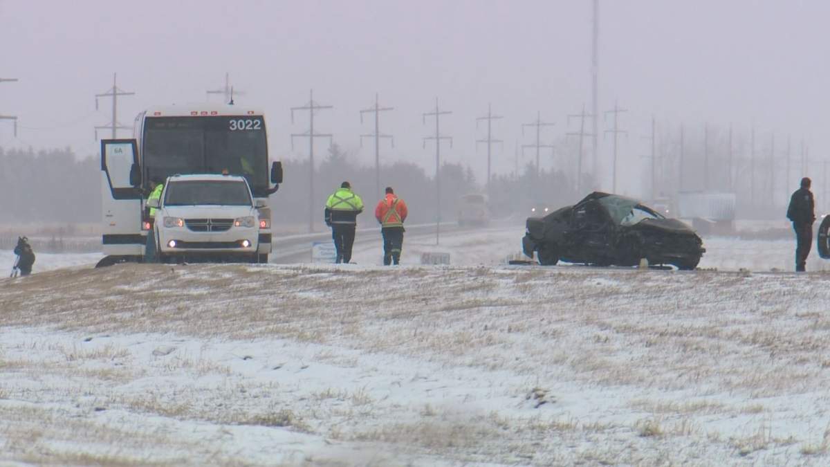 A bus and a car collided on Manning Drive/Highway 15 near 17 Street, leaving a women injured and her nine-year-old child in critical condition. Wednesday, November 1, 2017.