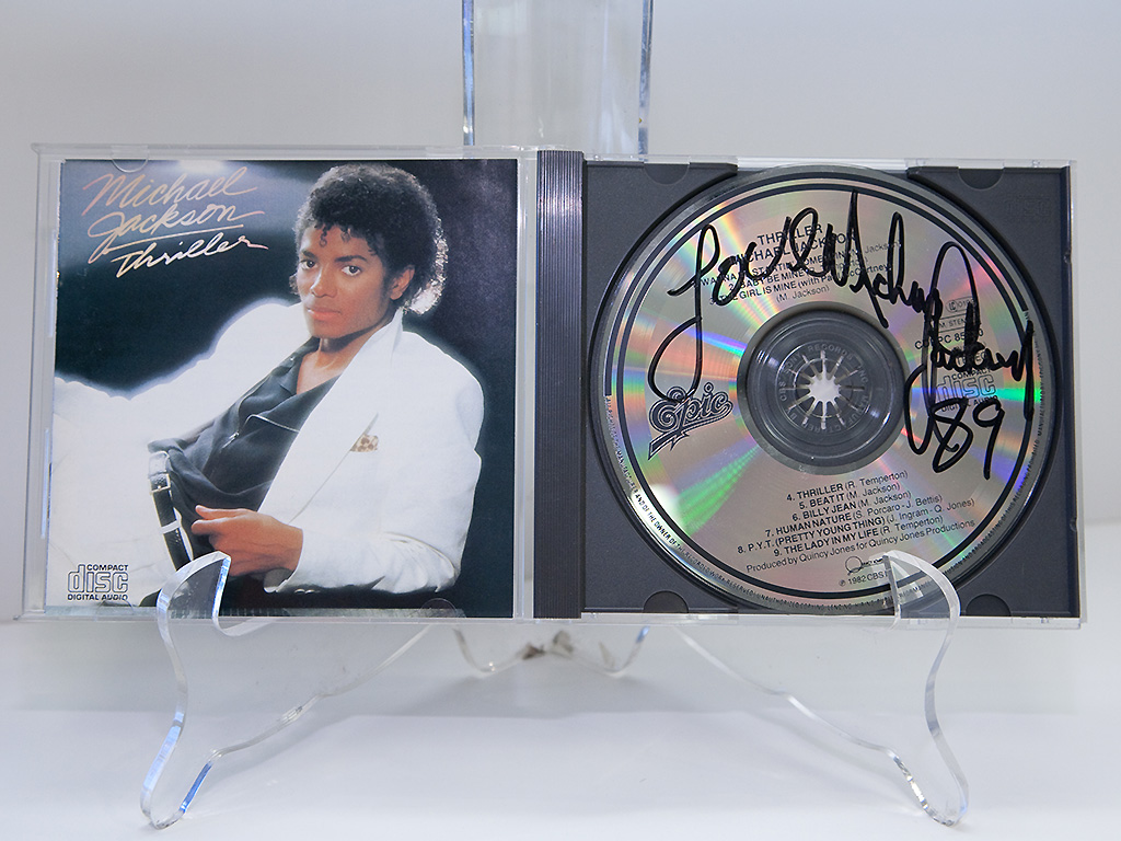 A Michael Jackson signed 'Thriller' CD at the auction preview at Bonhams & Butterfields on December 18, 2009 in Los Angeles, Calif.