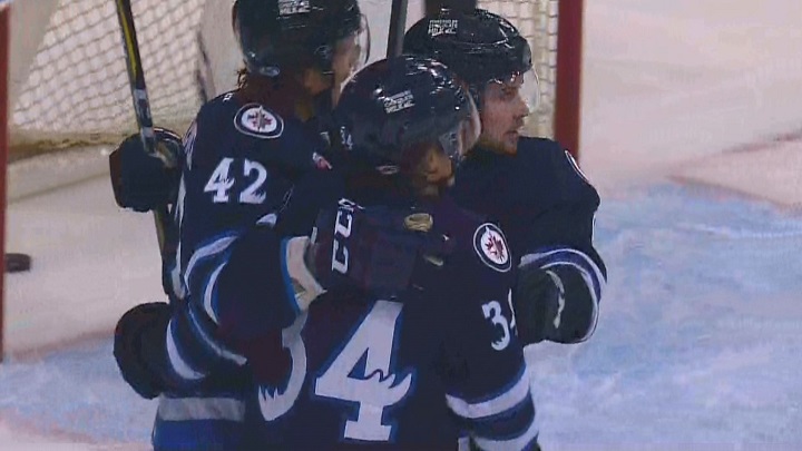 The Manitoba Moose celebrate a first period goal against the Chicago Wolves at Bell MTS Place on Nov. 15.