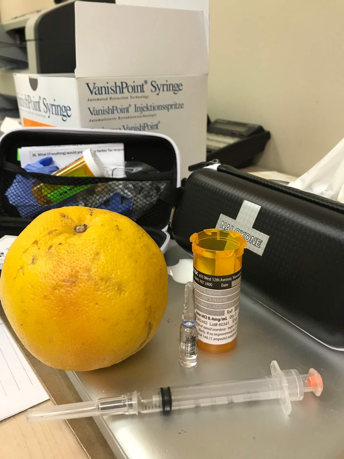 A naloxone kit, complete with an orange that is used during training to simulate an overdose victim.