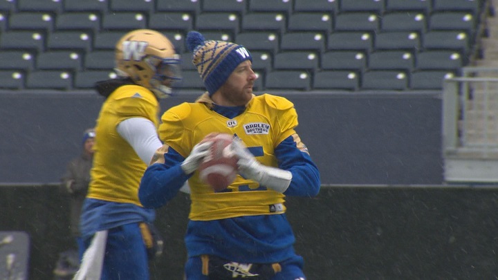 Winnipeg Blue Bombers quarterback Matt Nichols makes a throw on Tuesday during practice.