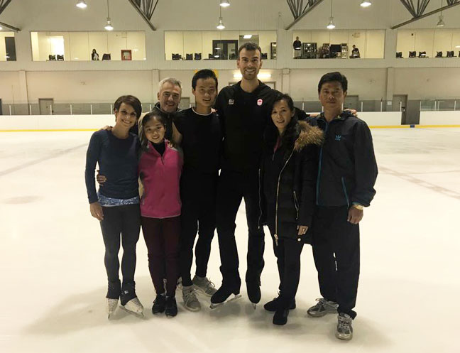 From left: Canadian skater Megan Duhamel, North Korean skater Ryom Tae Ok, coach Bruno Marcotte, North Korean skater Kim Ju Sik, Canadian Eric Radford and the North Korean coach and federation representative.