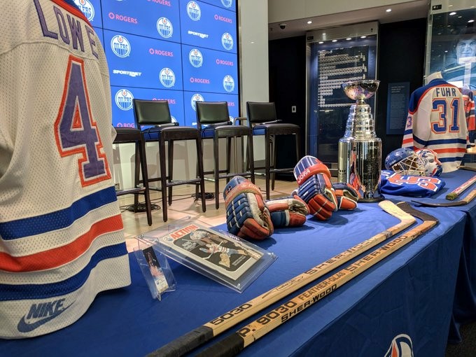 Memorabilia is displayed as the Edmonton Oilers celebrate the 1984-85 team being voted the best NHL team of all time. 