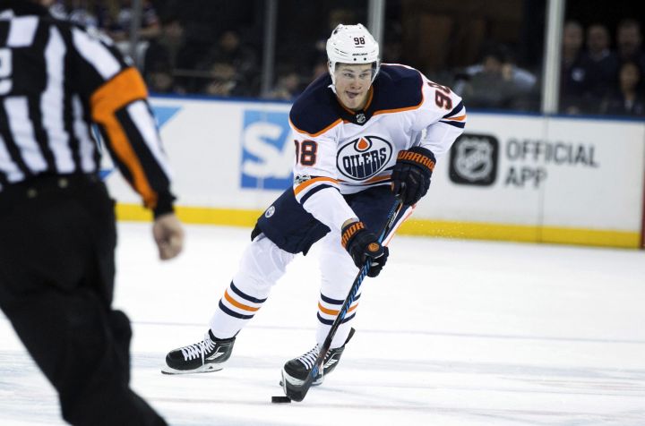 Edmonton Oilers right wing Jesse Puljujarvi controls the puck during the first period of an NHL hockey game against the New York Rangers, Saturday, Nov. 11, 2017, in New York. 
