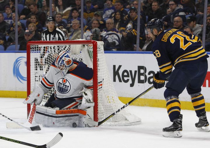 Buffalo Sabres forward Zemgus Girgensons (28) is stopped by Edmonton Oilers goalie Laurent Brossoit (1) during the first period of an NHL hockey game, Friday Nov. 24, 2017, in Buffalo, N.Y. 