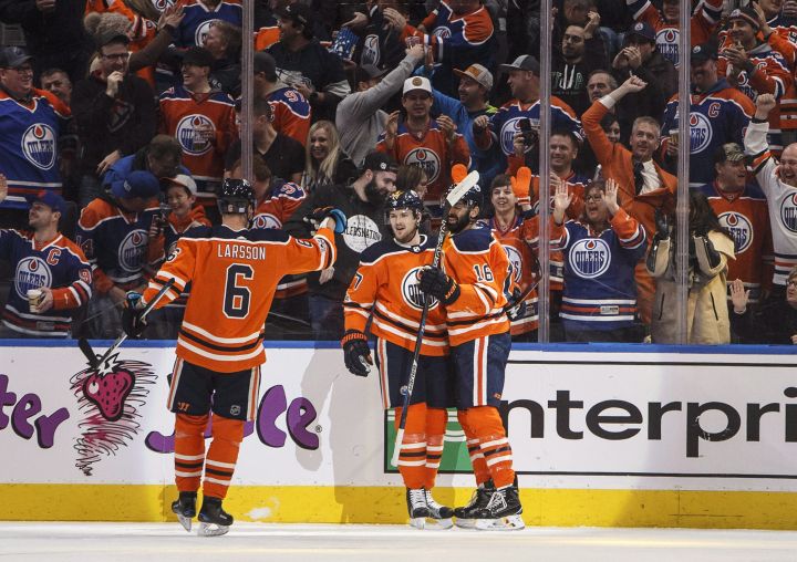 Edmonton Oilers' Adam Larsson (6), Oscar Klefbom (77) and Jujhar Khaira (16) celebrate a goal against the Vegas Golden Knights during first period NHL action in Edmonton, Alta., on Tuesday November 14, 2017. 