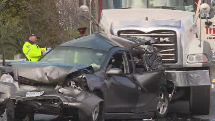 Police investigate a five car crash in Oshawa, Ont., on Nov. 6, 2017.
