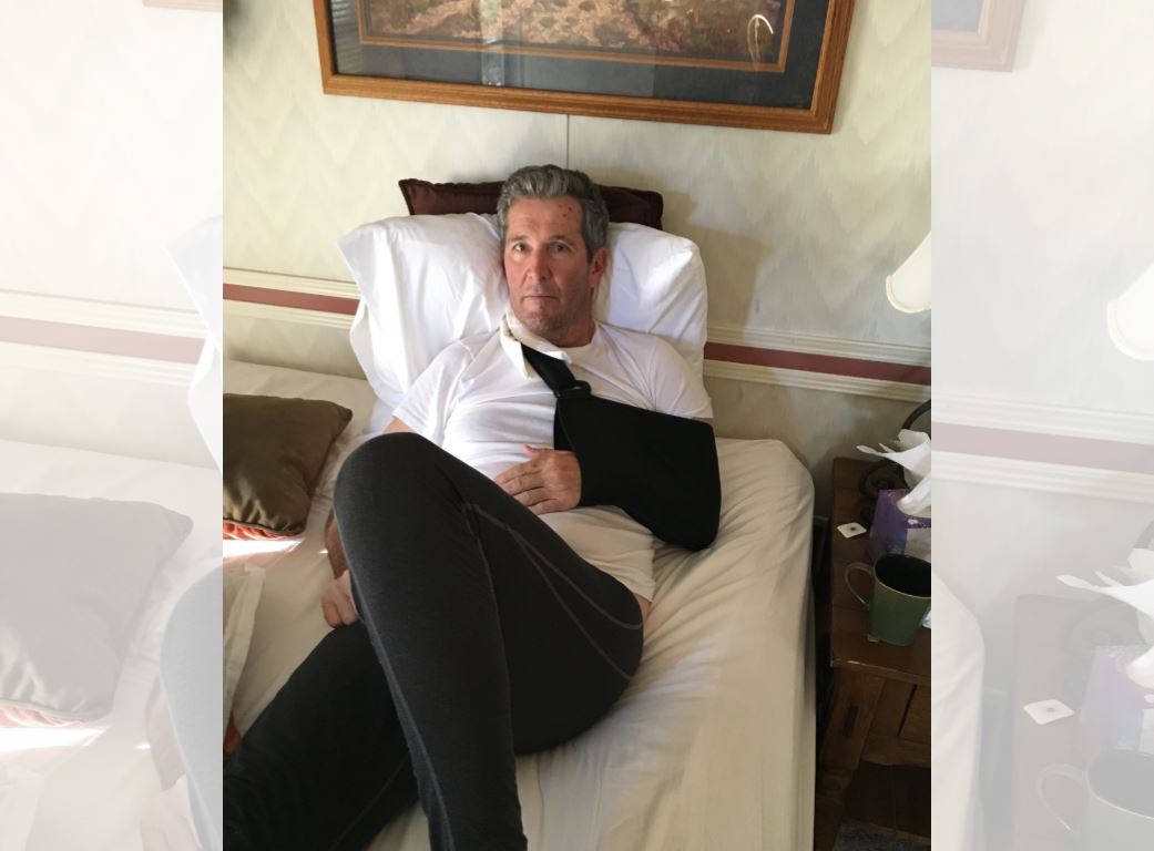Brian Pallister seen here recovering after a 'serious fall' while hiking with his wife in New Mexico.
