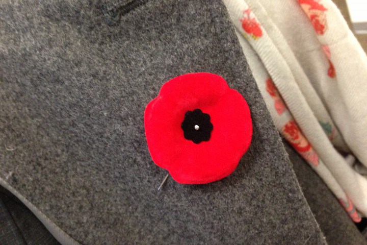 A poppy adorns a lapel for Remembrance Day.