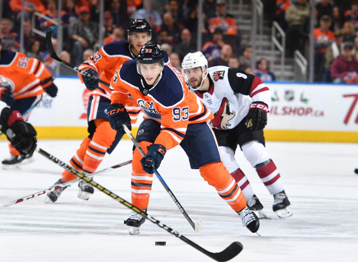 Ryan Nugent-Hopkins #93 of the Edmonton Oilers skates during the game against the Arizona Coyotes on November 28, 2017 at Rogers Place in Edmonton, Alberta, Canada. 