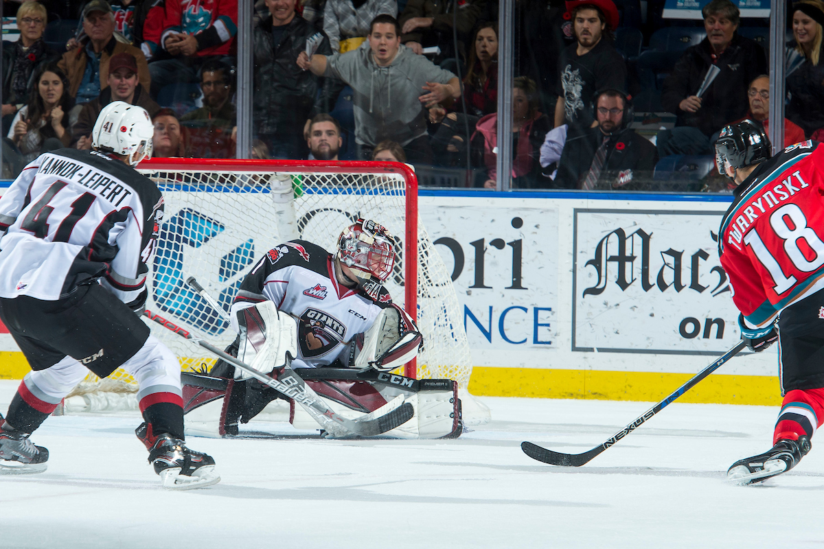 Todd Scott #1 of the Vancouver Giants defends the net against the Kelowna Rockets on November 10 at Prospera Place. 