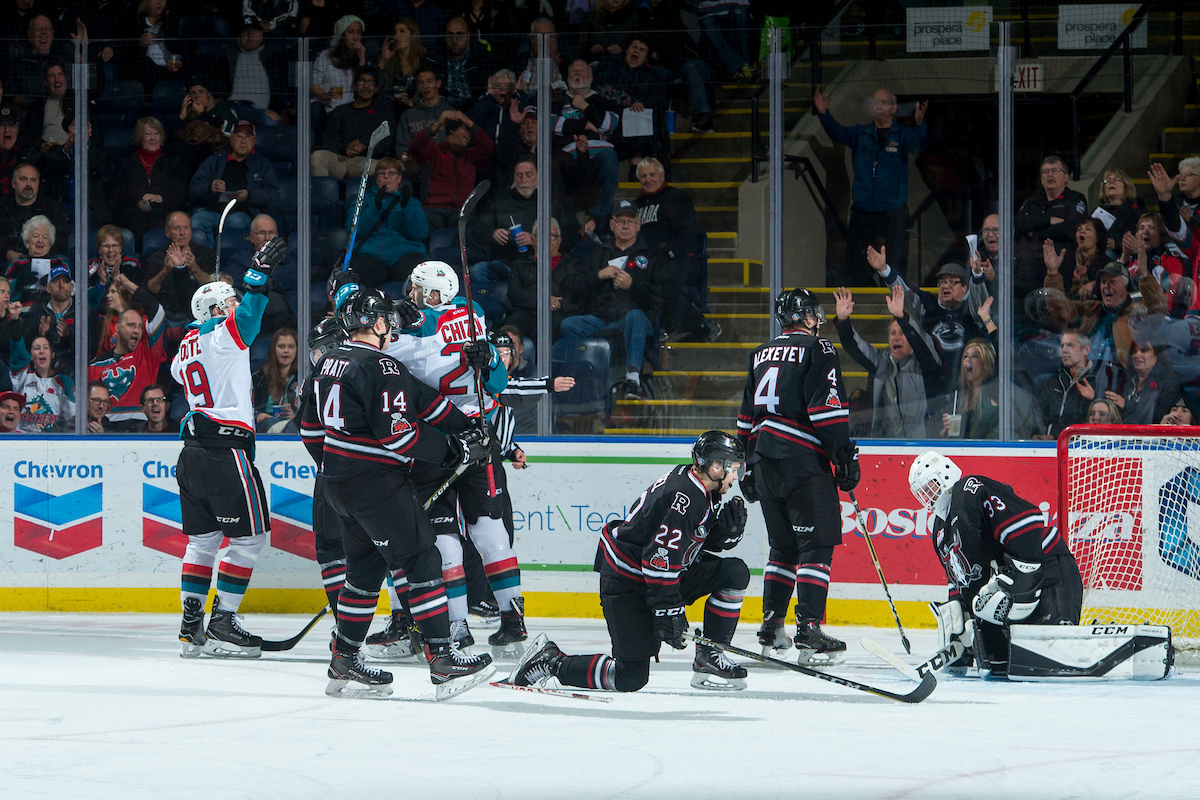 KELOWNA, CANADA - NOVEMBER 11: Braydyn Chizen #22 of the Kelowna Rockets celebrates his first goal of the season during the second period against the Red Deer Rebels on November 11, 2017 at Prospera Place in Kelowna, British Columbia, Canada.  (Photo by Marissa Baecker/Shoot the Breeze)  *** Local Caption ***.