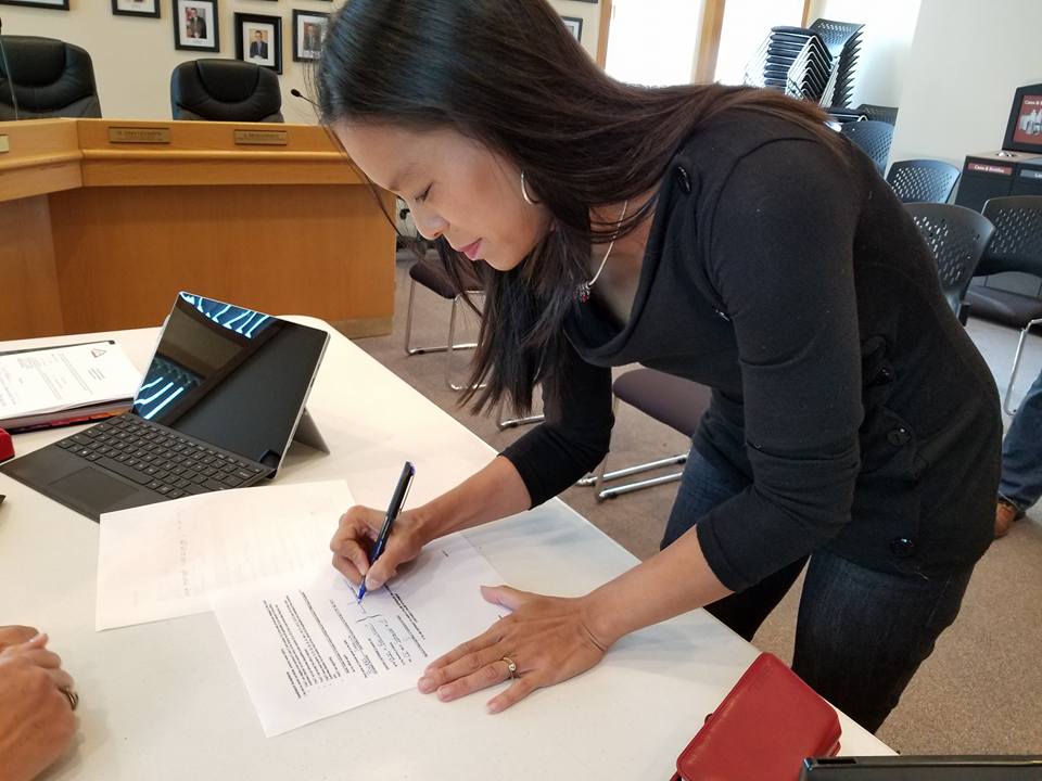 Sabrina Powers filing her papers to run for the Town of Beaumont council on nomination day.