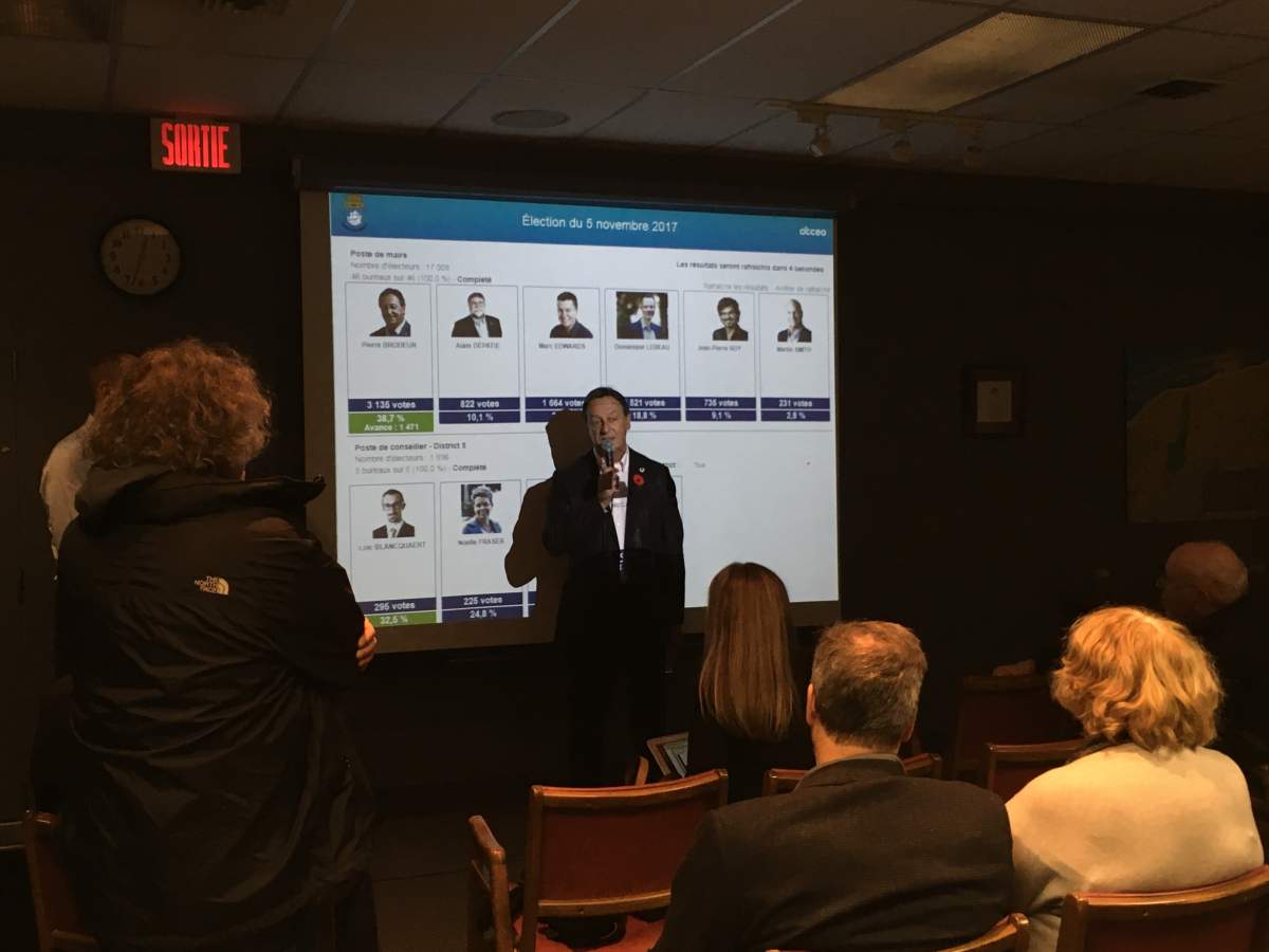 Pierre Brodeur gives his victory speech after being elected mayor of Saint-Lambert, Sunday, Nov. 5, 2017.