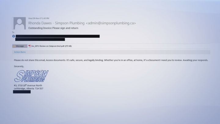This is the email some Lethbridge residents have received involving a phishing scam.