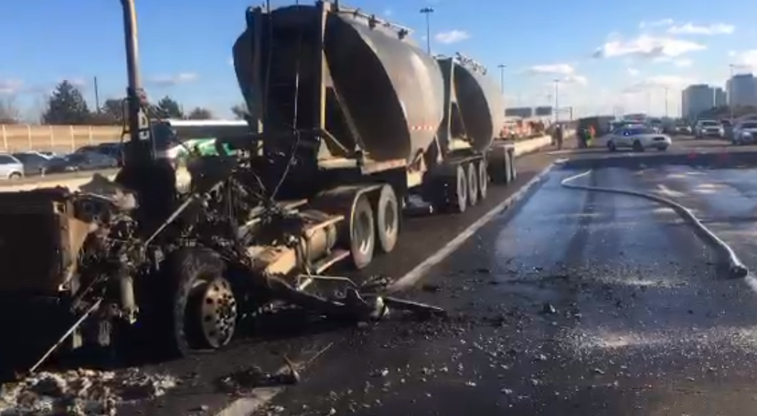 OPP say a transport truck caught on fire on the 427 in Etobicoke on Friday afternoon.