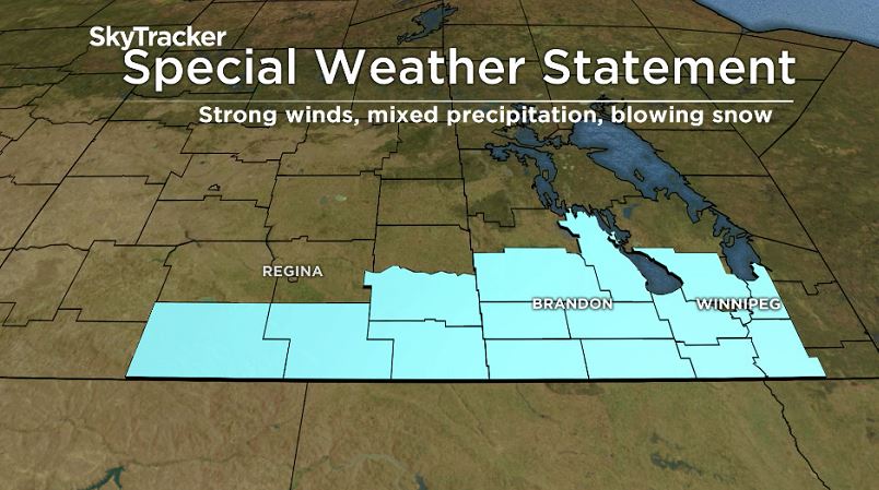 Special weather statement issued for combination of strong winds, mixed precipitation and blowing snow which will limit visibility on the roads.