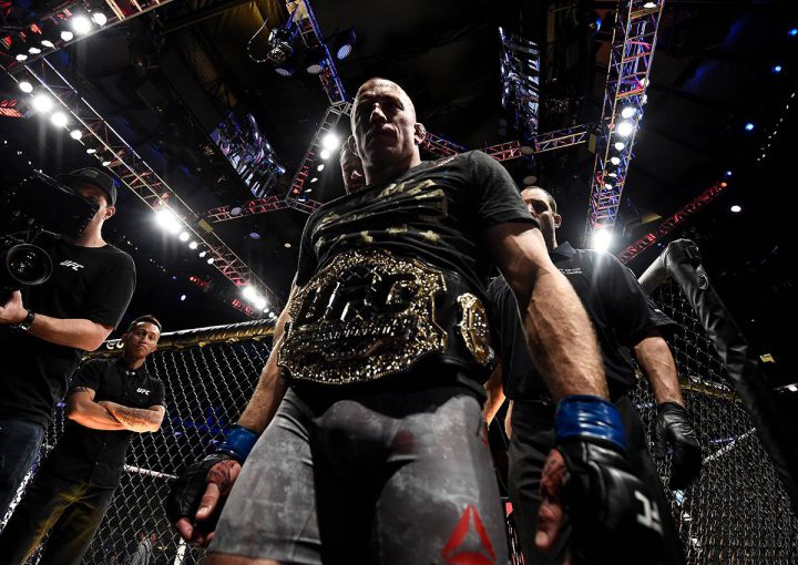 Georges St-Pierre of Canada celebrates his submission victory over Michael Bisping of England in their UFC middleweight championship bout during the UFC 217 event inside Madison Square Garden on November 4, 2017 in New York City.