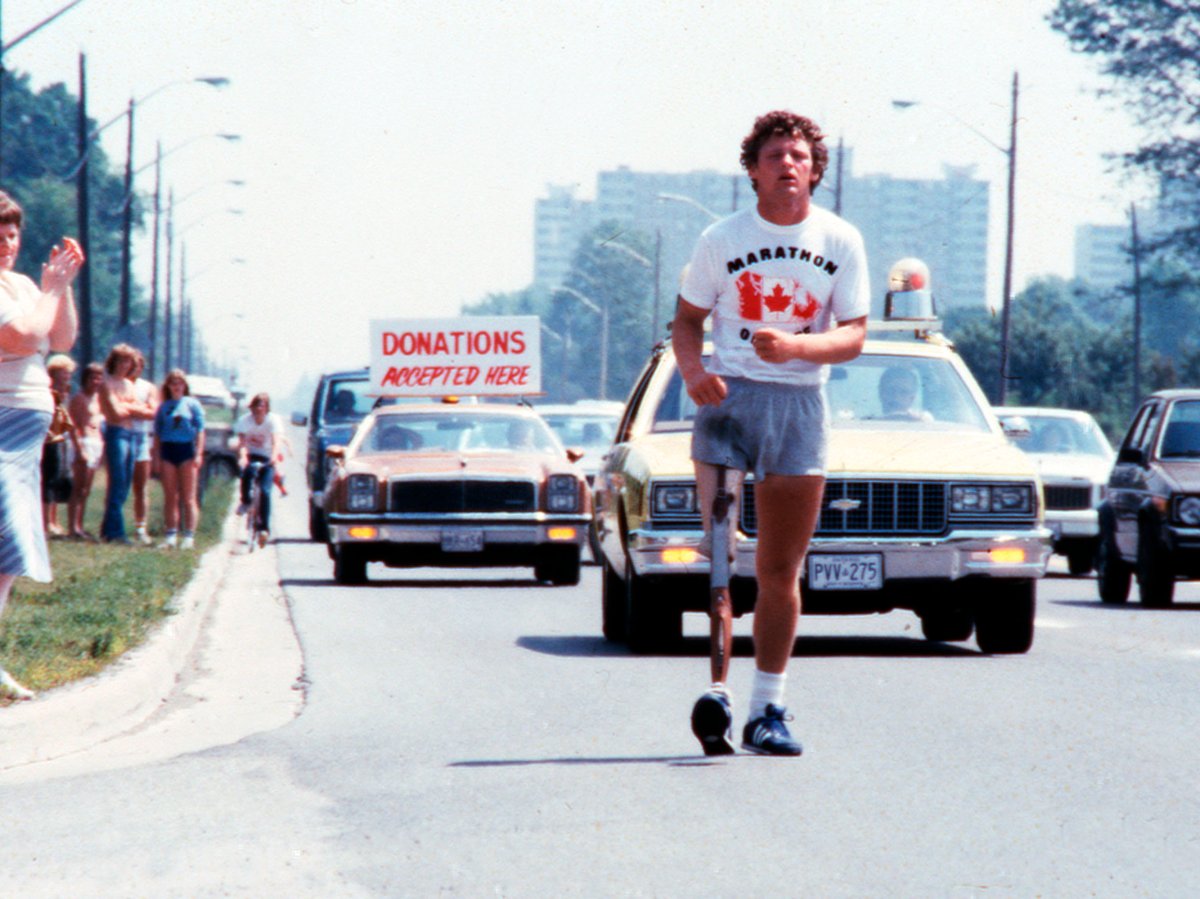 Inspired by the story of a one-legged man who ran the Boston Marathon, Terry Fox ran across Canada to raise money for cancer research. 