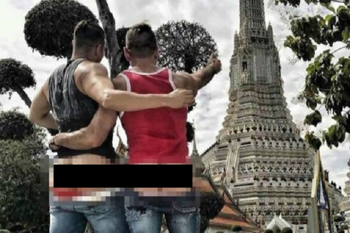 The two Americans were arrested in Thailand Tuesday evening after  posting a photo of themselves at a famous Buddhist temple with their rear ends exposed.