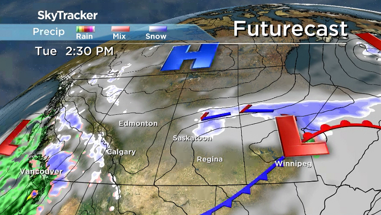 There is a good chance of snow Tuesday afternoon behind a system sliding through the Saskatoon area.