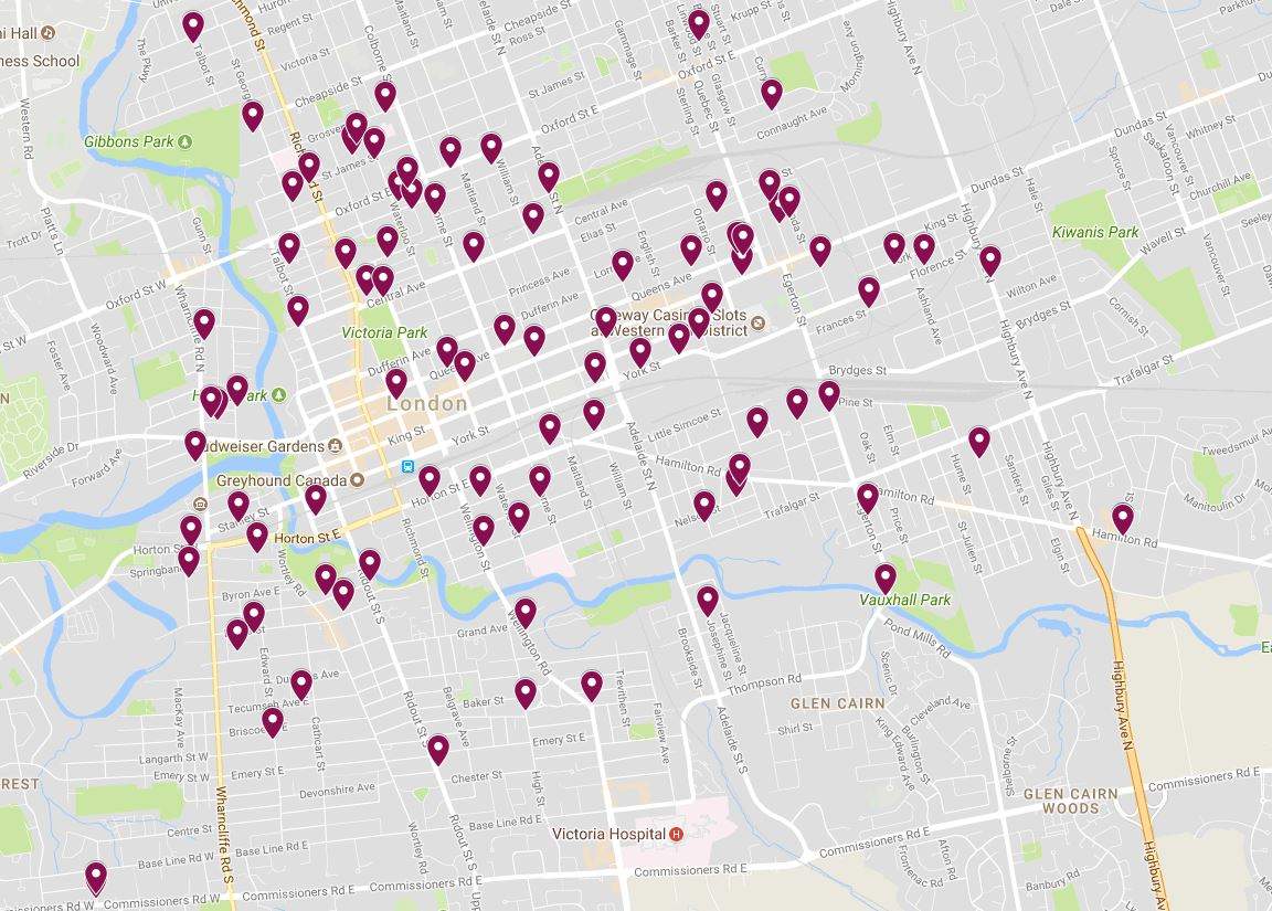 The interactive map shows 95 locations where 98 Great War dead had lived in London.