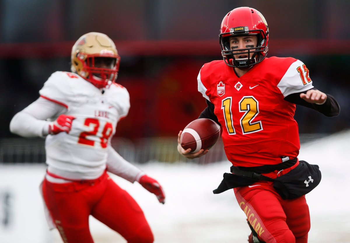 Laval University Rouge Et Or's Dan Basambombo, left, chases University of Calgary Dinos' quarterback Adam Sinagra during first half U Sports Mitchell Bowl football action in Calgary, Saturday, Nov. 18, 2017.THE CANADIAN PRESS/Jeff McIntosh.