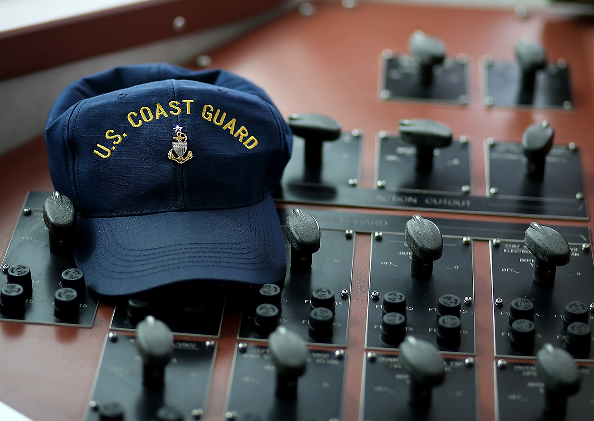 A hat sits on the bridge of the U.S. Coast Guard Cutter Hawksbill.