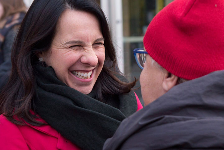 Montreal mayor candidate Valerie Plante chats with a passerby on Wednesday, November 1, 2017 in Montreal. Plante is one of the many women running for a municipal seat this election.