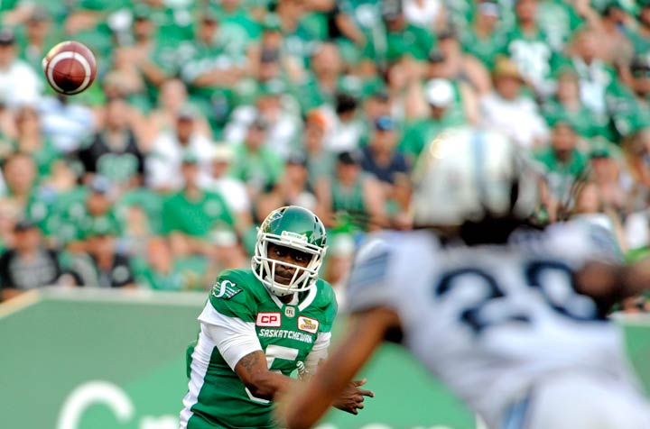 Saskatchewan Roughriders quarterback Kevin Glenn attempts a pass during CFL football action against the Toronto Argonauts on July 29, 2017.