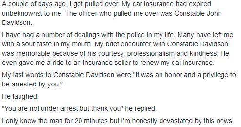 Banks\’ post on his experience with Const. Davidson.
