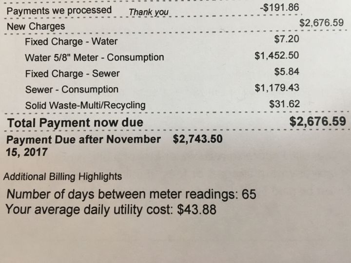 Miranda Collier’s water bill from Sept. 1 to Oct. 31 2017.