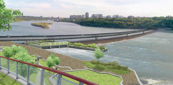 Rendering of a proposed hydropower station at the weir. The City of Saskatoon and the Saskatoon Tribal council have signed an agreement for the development of the project.