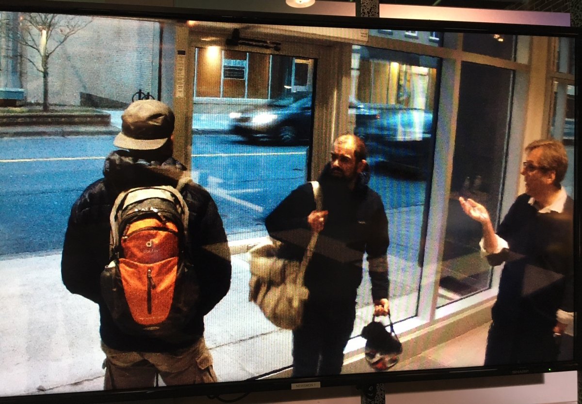 A man who identified himself as Trevor Wesson gets into a heated conversation with Global Halifax Assignment Editor Richard Dooley, Monday, Nov. 27, 2017. Photograph taken from security footage.