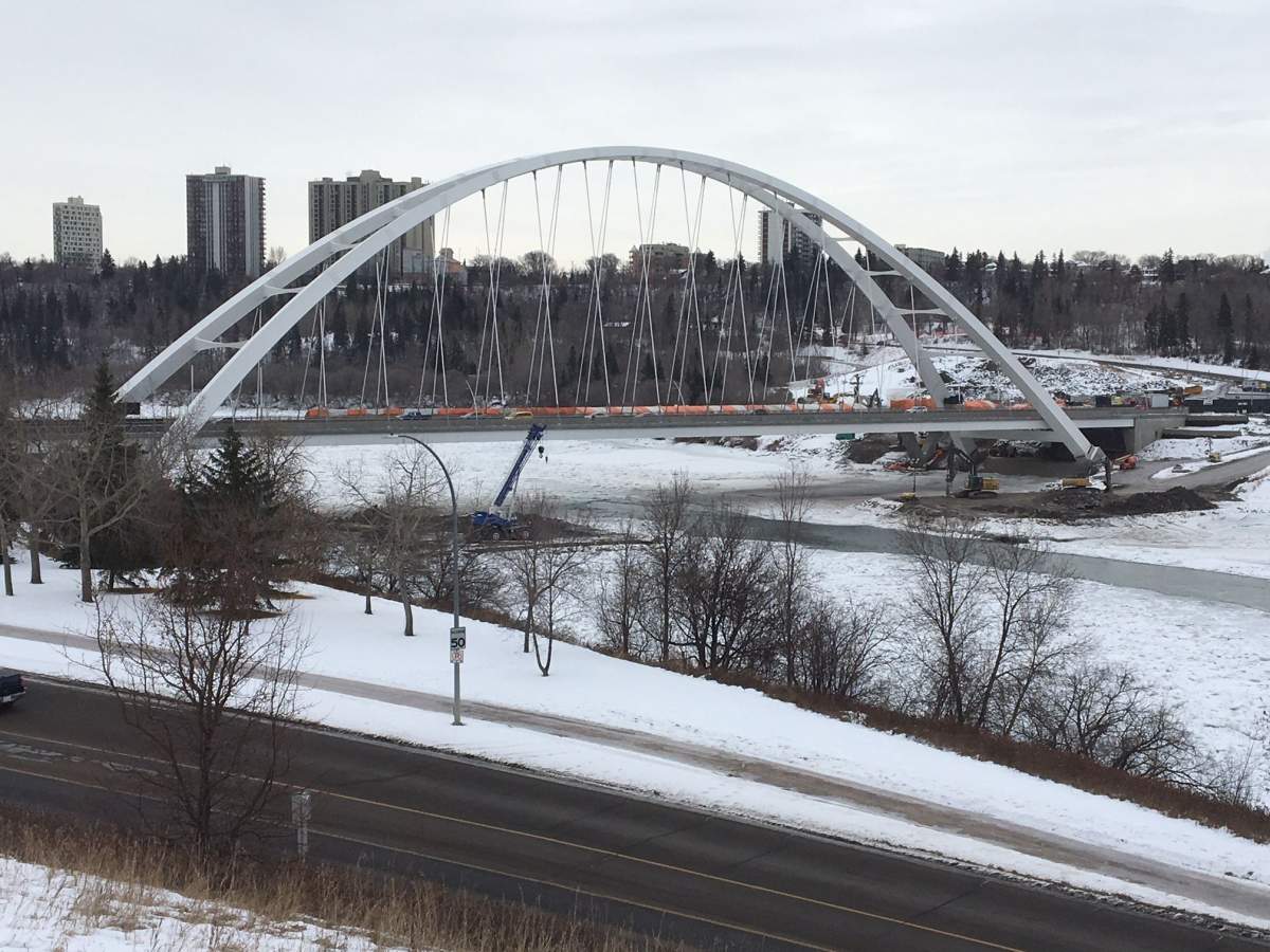 Work continues to demolish the old Walterdale Bridge across Edmonton’s river valley. Monday, Dec. 4, 2017.
